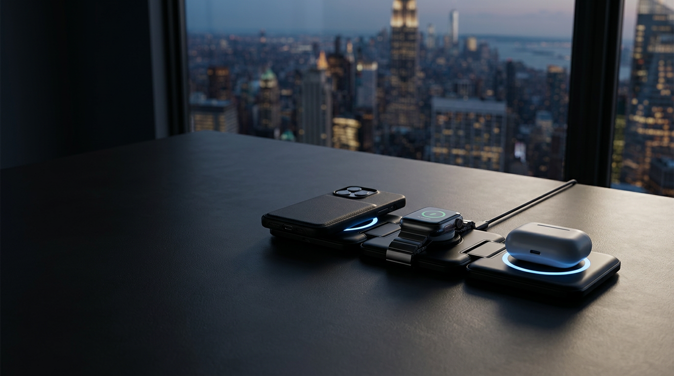 Nivora 3-in-1 charger on a graphite desk with city skyline at dusk