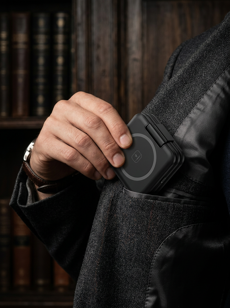 Nivora folded charger slipping into a tailored blazer pocket