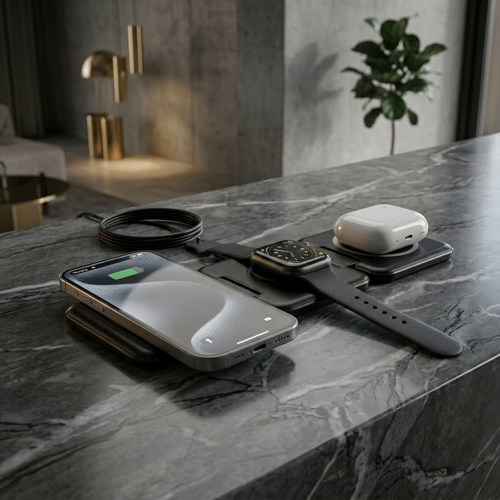 Nivora 3-in-1 charging phone, watch and earbuds on a marble surface